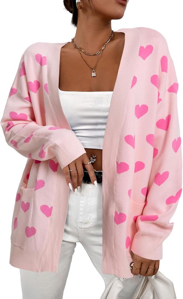 Heart Cardigan Sweater for Women Oversized Valentine Cardigan Cute Love Print Open Front Knit Swe... | Amazon (US)