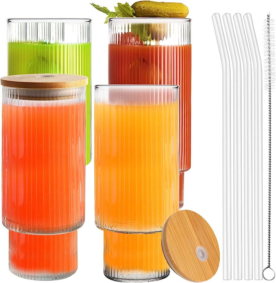 Vozoka Ribbed Glassware, Set of 4 Ribbed Glasses, 16 Oz Vintage Drinking Glasses, Glass Cup with ... | Amazon (US)