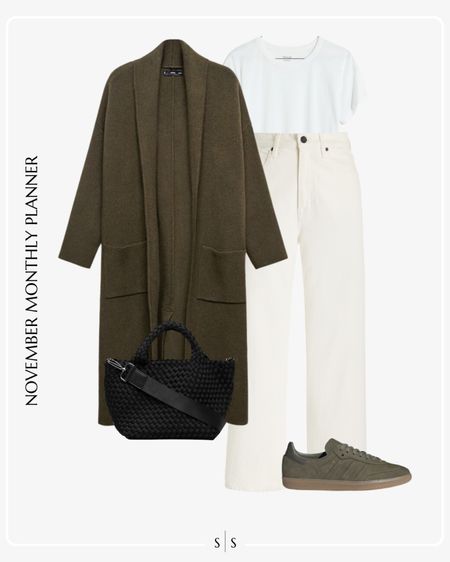 Monthly outfit planner: NOVEMBER Fall and Winter looks | olive long coat, off white straight crop jean, white tee, Adidas green sambas, woven tote 

See the entire calendar on thesarahstories.com ✨

#LTKstyletip