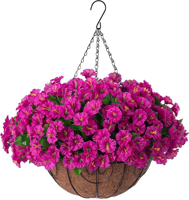 Ammyoo Artificial Hanging Flower Plants with Basket for Outdoor Decoration, Faux Petunias Flowers... | Amazon (US)