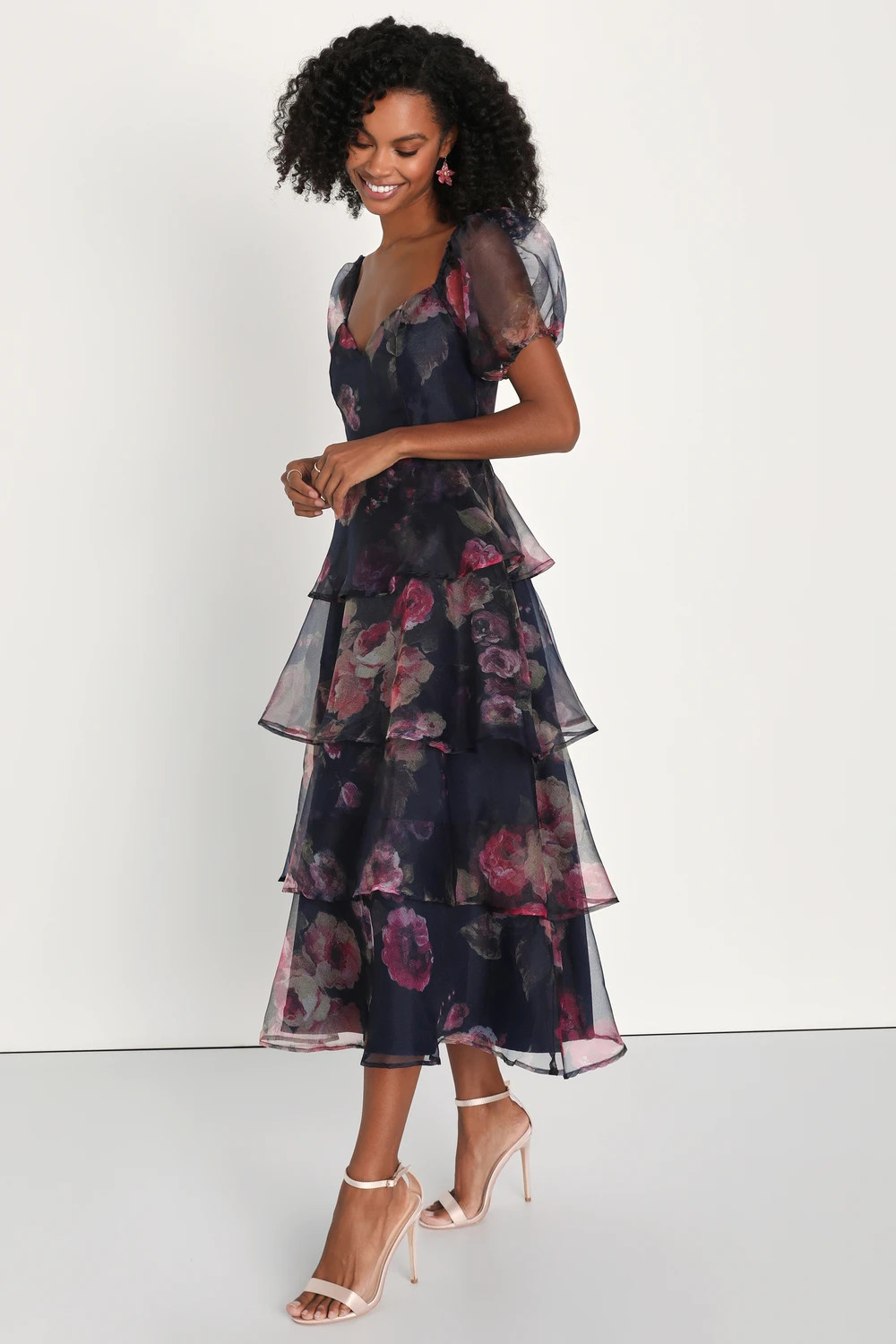 Oh-So Stunning Navy Blue Floral Organza Tiered Midi Dress | Lulus (US)