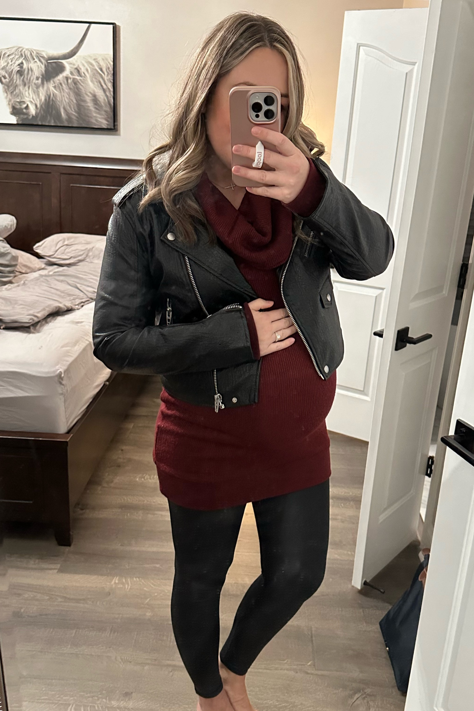 Love this comfy and chic maternity outfit! Maternity faux leather leggings and a maternity cowl neck tunic sweater. Wearing a large in both - 3rd trimester and 5'8"! Jacket is non-maternity size large. Happy new year!! 

#LTKfindsunder100 #LTKstyletip #LTKbump