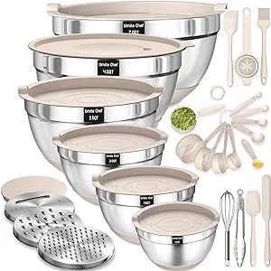 Mixing Bowls with Airtight Lids Set, 26PCS Stainless Steel Khaki Bowls with Grater Attachments, N... | Amazon (US)