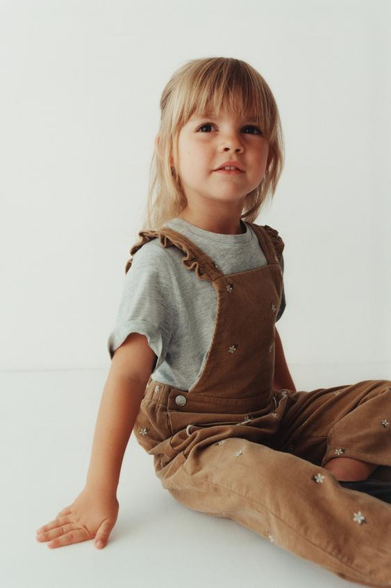 EMBROIDERED FLOWER CORDUROY LONG OVERALLS | Zara US