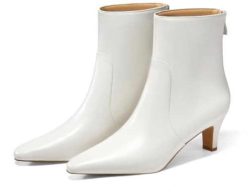 Coutgo Womens Low Kitten Heel Short Boots Fall Square Pointed Toe Ankle Boots Leather Dress Booties With Zipper, White, Size 8.5 | Amazon (US)