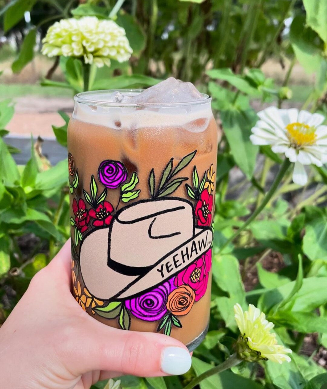 Cowboy Chic Iced Coffee Tumbler With Yeehaw Western Hat and Vibrant Florals - Etsy | Etsy (US)