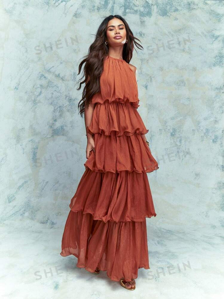 MISSGUIDED Metal Threading Tiered Ruffle Detail Halter Neck Maxi Dress | SHEIN USA | SHEIN