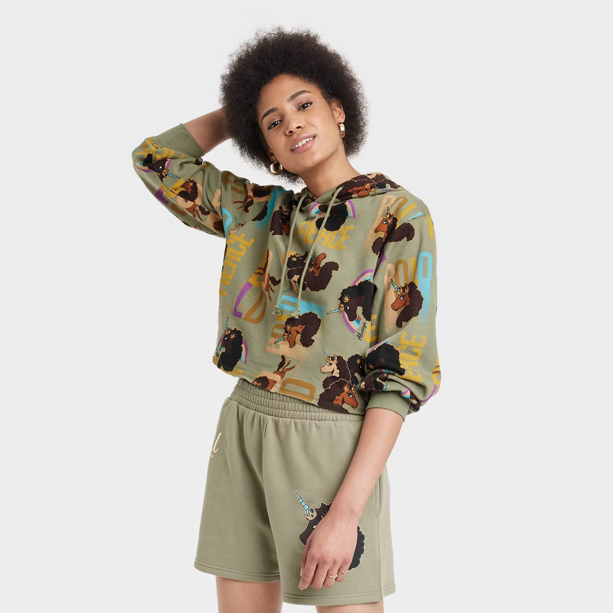Women's Afro Unicorn Fierce Graphic Cropped Sweatshirt - Green | Target