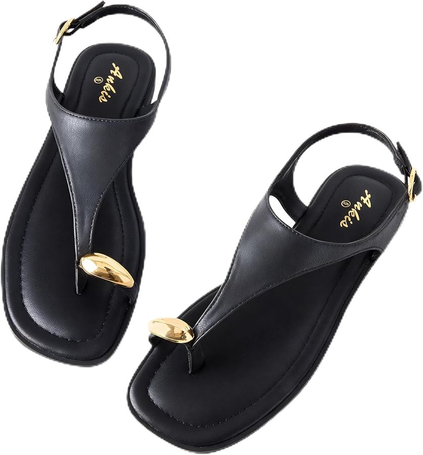 Womens Toe Ring Thong Sandals Square Open Toe Flat Sandals Adjustable Ankle Buckle Strap Comfort ... | Amazon (US)