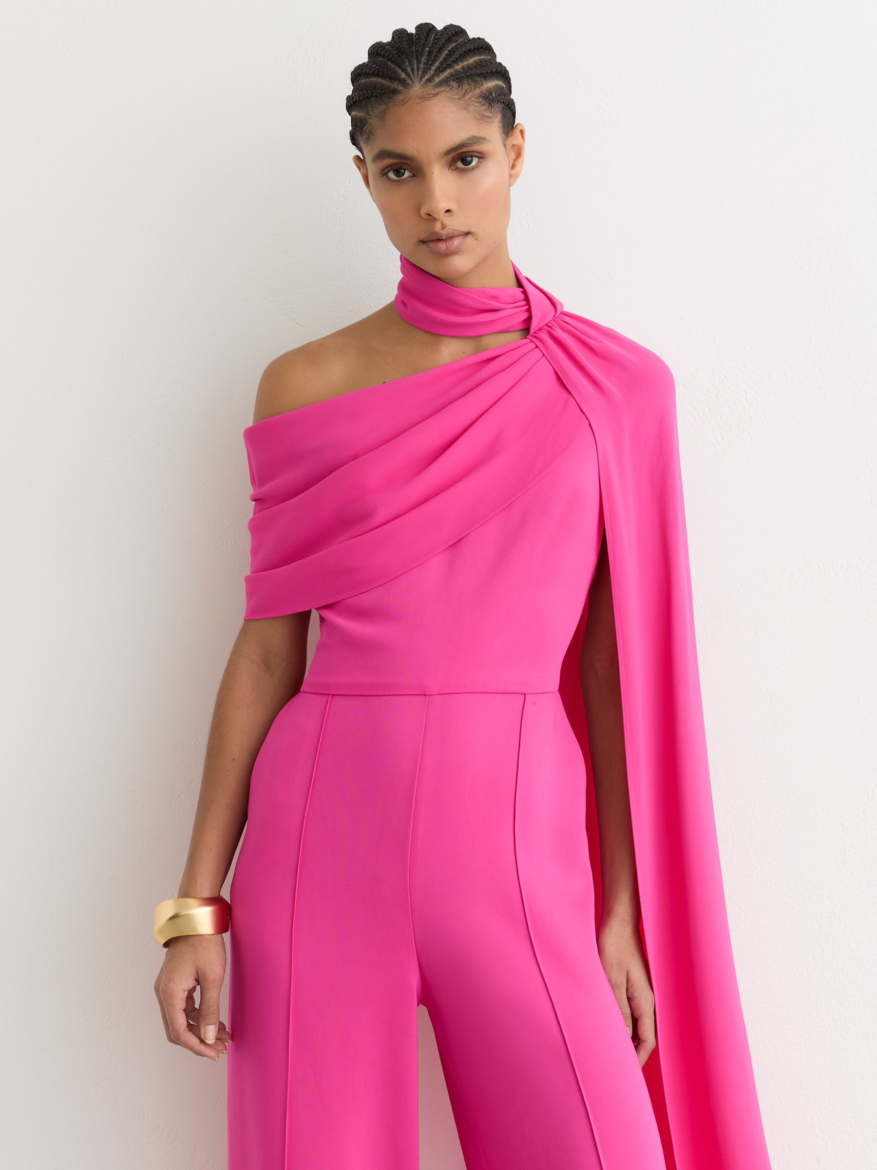 Reiss One-Shoulder Drape Wide-Leg Jumpsuit in Raspberry Pink - REISS | Reiss UK