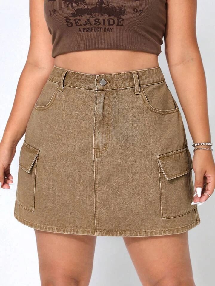 Plus Flap Pocket Denim Skirt | SHEIN