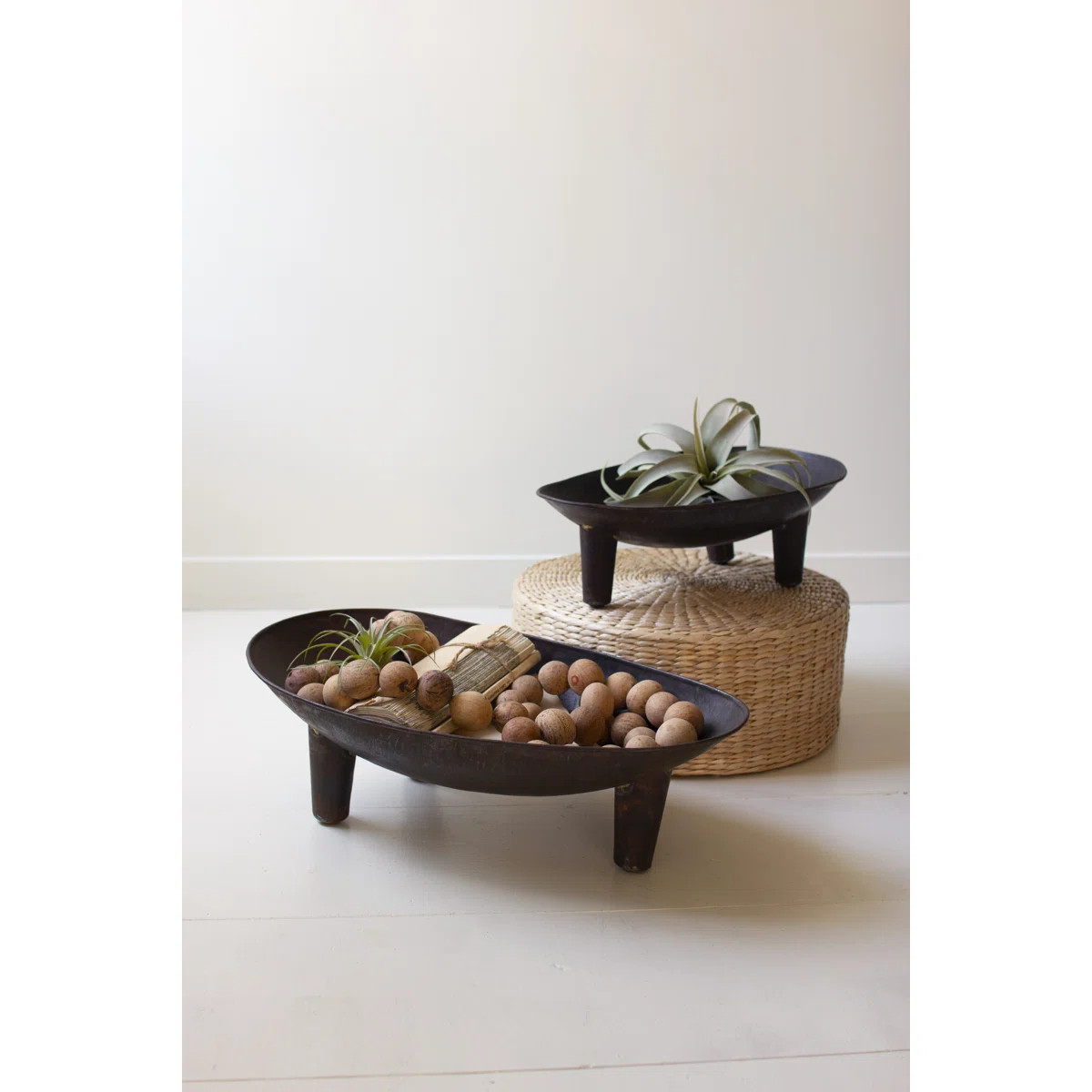 Set of Two Oval Iron Decorative Bowls Tabletop Decor Accent Brown Distressed Finish | Wayfair North America