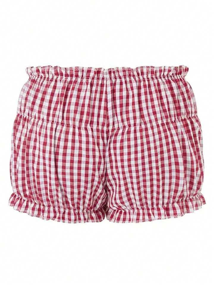 INAWLY Shorts D'été Décontractés Pour Femmes Avec Ourlet Plissé Imprimé À Carreaux Et Dentelle | SHEIN