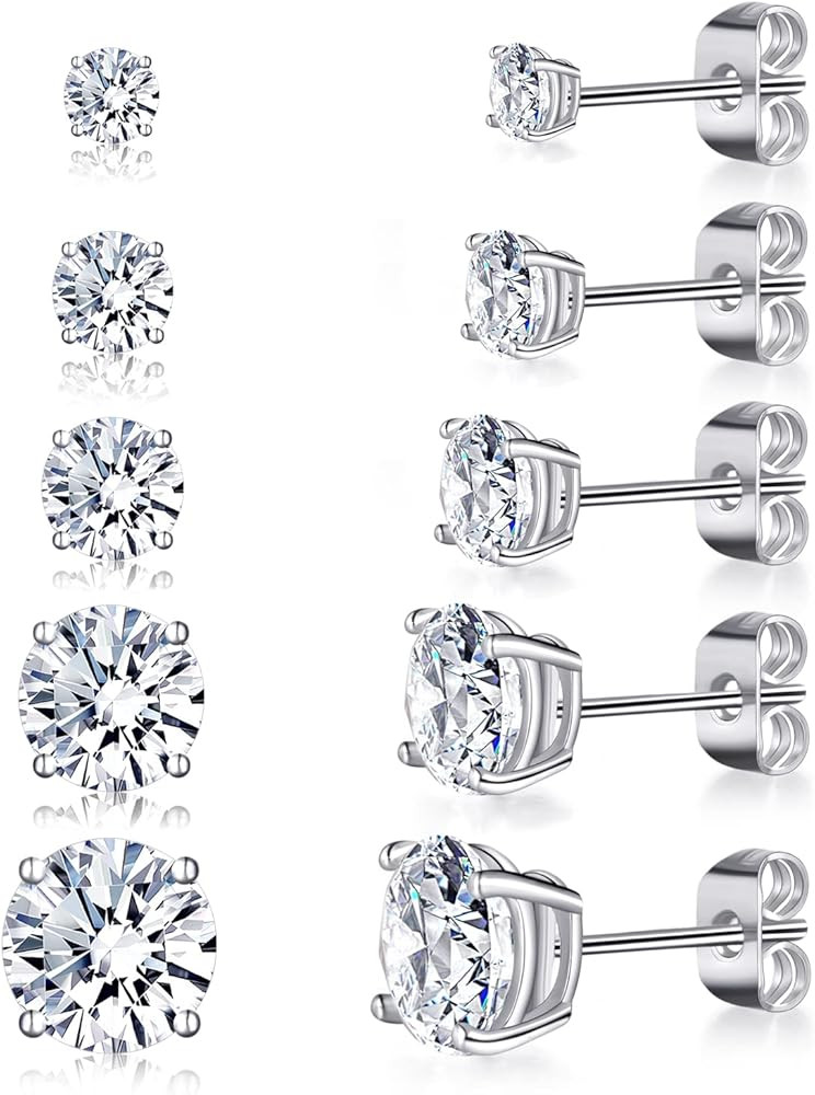 18K White Gold Plated Stud Earrings 4 Prong Round Cut Brilliant 3-7mm Cubic Zirconia Earring Stud... | Amazon (US)