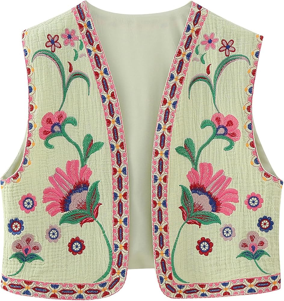 Women's Vintage Embroidered Floral Vest Y2k Sleeveless Linen Open Shirt Blouse Fashion Crochet Fl... | Amazon (US)
