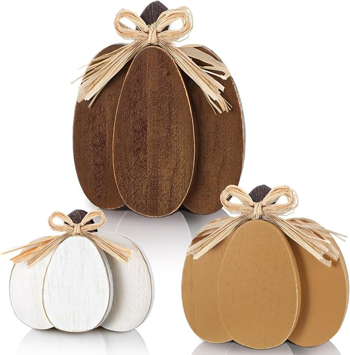 3 Pcs Fall Pumpkin Decor, 3D Wooden Pumpkin Tabletop Decor | Amazon (US)