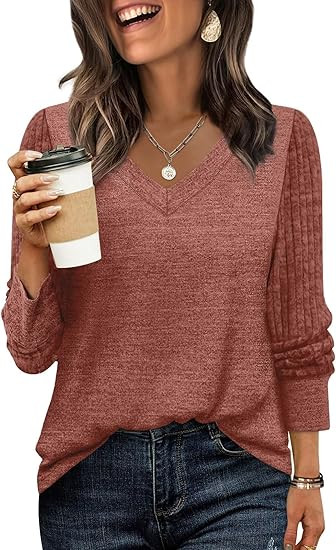 WIHOLL Sleeve Patchwork Shirts for Women Loose Fit V Neck Fall Outfits 2025 Trendy Sweaters Casua... | Amazon (US)