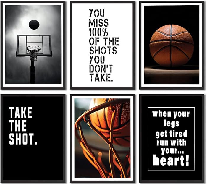 6Pcs Basketball Canvas Wall Art Inspirational Sport Theme Painting Picture Wall Decor Black White... | Amazon (US)