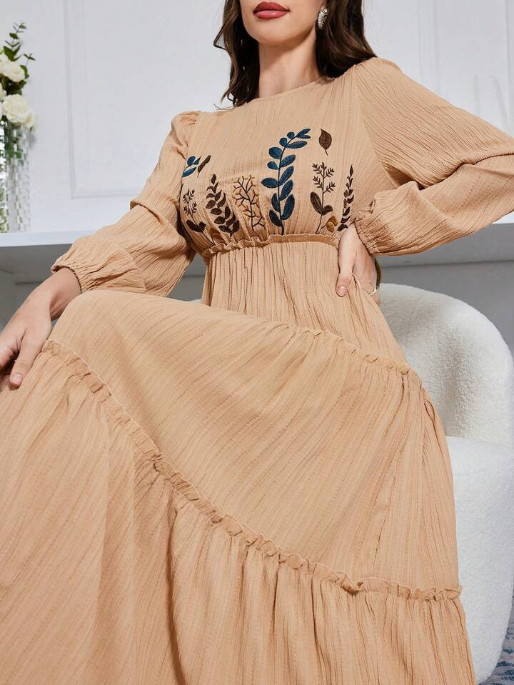 SHEIN Mulvari Plant Embroidery Belted Lantern Sleeve Dress | SHEIN