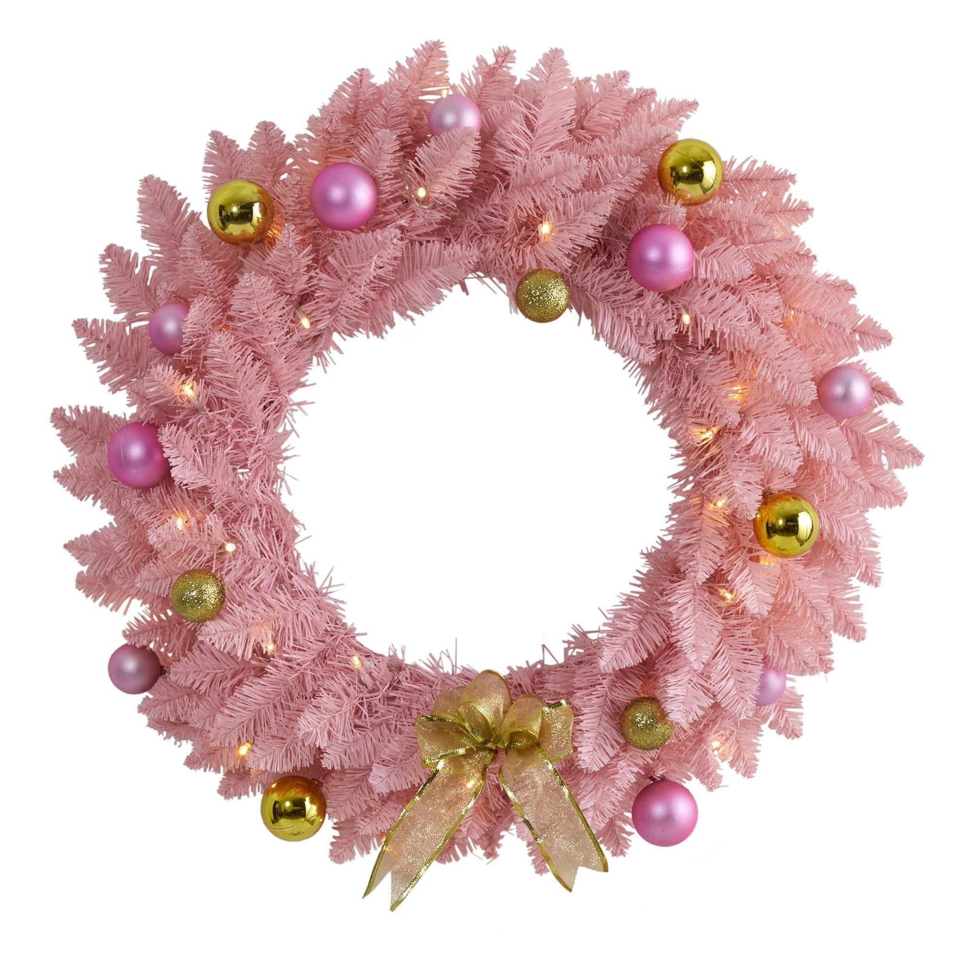 24” Pink Artificial Christmas Wreath with 35 LED Lights and Ornaments | Nearly Natural