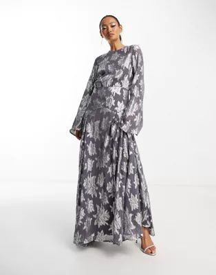 ASOS DESIGN metallic long sleeve midi dress with frill cuffs in grey | ASOS (Global)