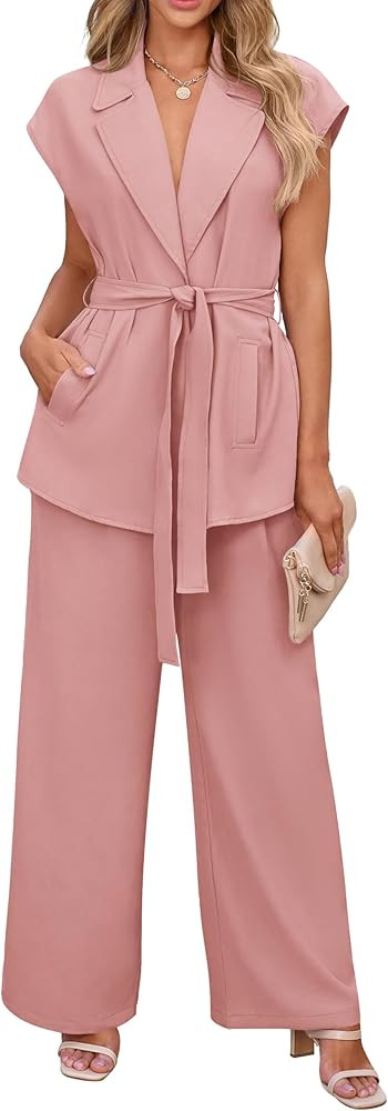PRETTYGARDEN Women's Summer 2 Piece Outfits 2026 Cap Sleeve V Neck Blazer Vest Wide Leg Pant Sets... | Amazon (US)