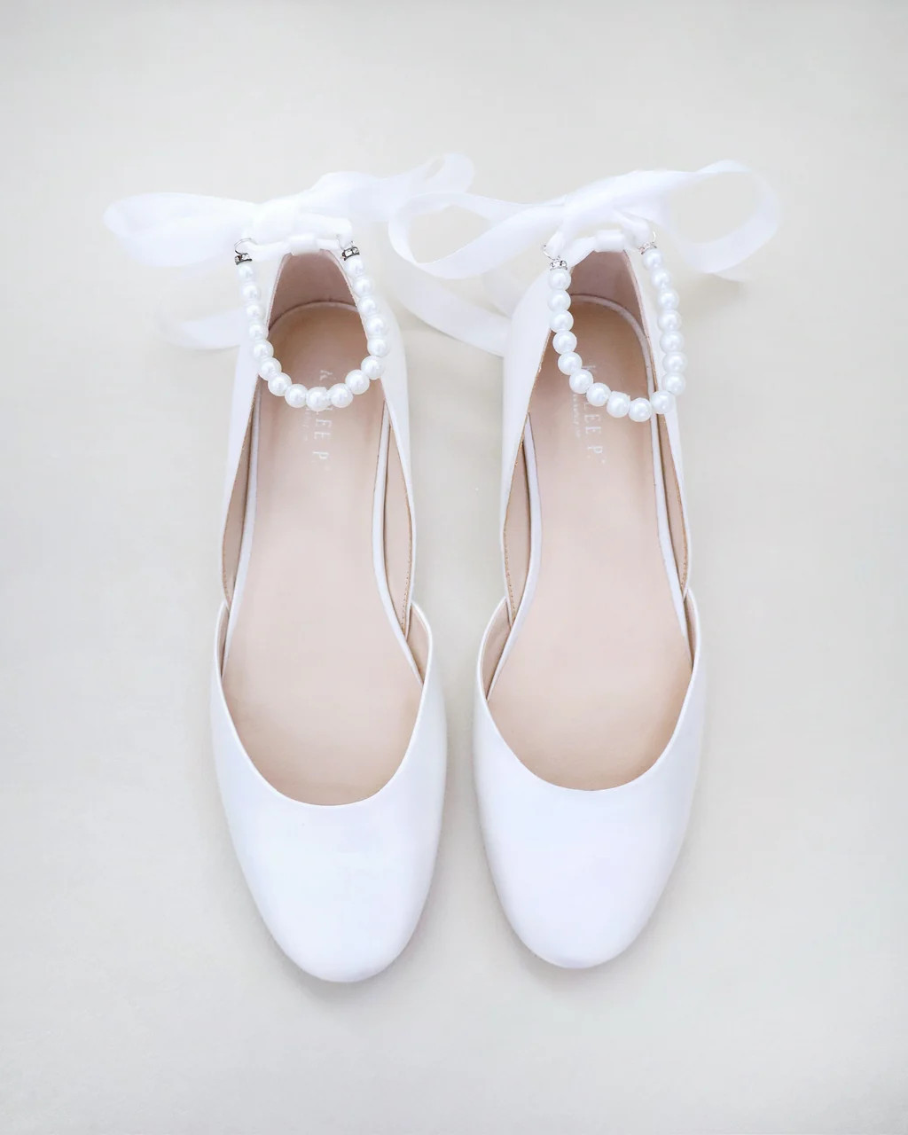 Bridal Round Toe Flat with All Pearls Ankle Strap | Kailee P.