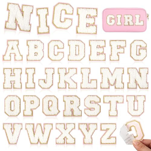 NICEVINYL White Chenille Letter Patches：26Pcs Pre-Sort Self Adhesive Chenille Letter Patch Stickers for Backpacks Hats Bags - Elegant Pink Backing Letters Patches Stick on DIY Crafts | Amazon (US)