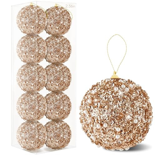 10 Pcs 2.36 Inch Christmas Ball Ornaments Glitter Sequin Ball Large Champagne Christmas Tree Decorations Xmas Hanging Balls for Home New Year Holiday Indoor Outdoor Party Decor (Champagne, 2.36 Inch) | Amazon (US)