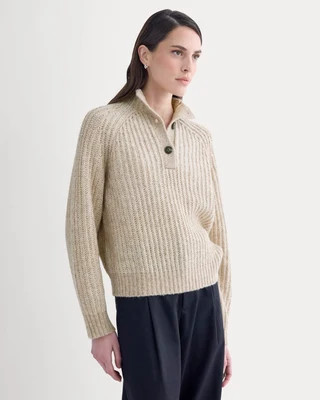 Everlane Funnel-Neck Ribbed Henley Sweater | Heathered Almond/Bone Vertical Stripe | S | Cotton | Everlane