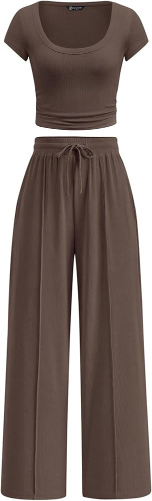PRETTYGARDEN Women's 2 Piece Matching Lounge Sets Ribbed Short Sleeve Crop Tops Wide Leg Pants 20... | Amazon (US)