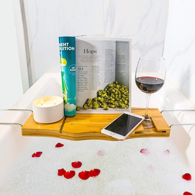 Bamboo Bath Tub Tray Caddy: Luxury Bathtub Tray Caddy Wine Glass Holder & Bathtub Book Holder. Sp... | Amazon (US)