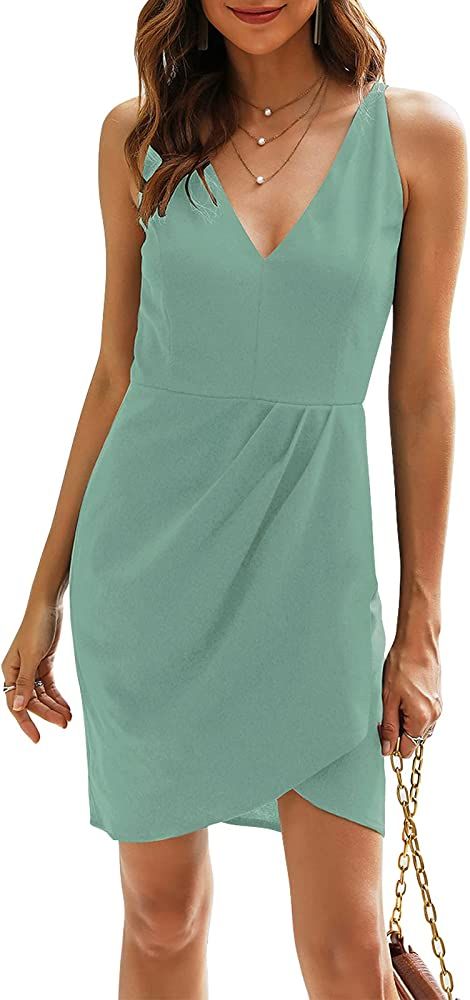 Manydress Women's Bodycon Sleeveless Deep V Neck Summer Dress Wrap Ruched Cocktail Party Mini Dresse | Amazon (US)