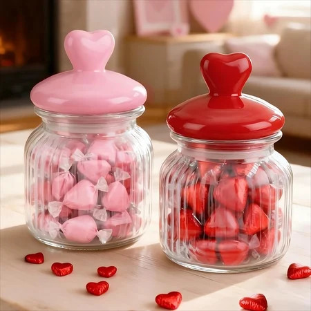 Valentine’s Day Decorations, 2 PCS Glass Valentines Candy Jar (22 oz) with Heart-Shaped Ceramic Lids, Decorative Heart Containers for Candy & Cookies, Valentines Table Decor for Home & Office | Walmart (US)