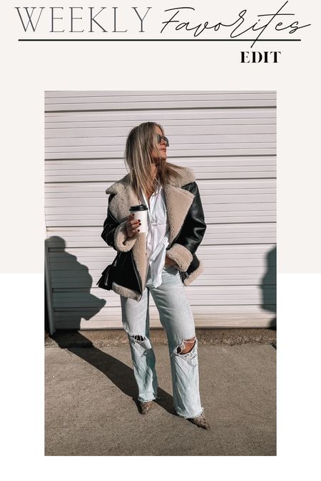 Shearling black leather jacket, white button up shirt, light wash ripped straight leg jeans, Spring look, Changing seasons
outfit, Weekly favorite 

#LTKU #LTKFind #LTKSeasonal