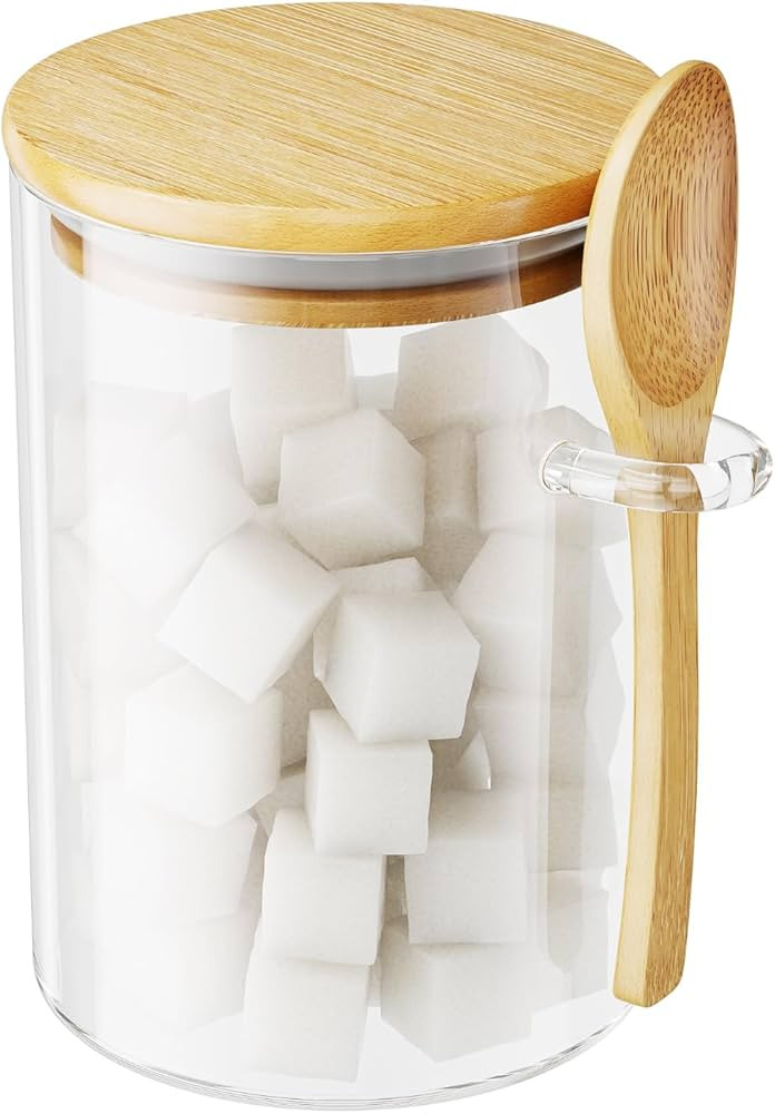 Sugar Jar Glass Salt Container,15 Ounces Clear Airtight Caning with Bamboo Lid and Spoon Scoop, S... | Amazon (US)