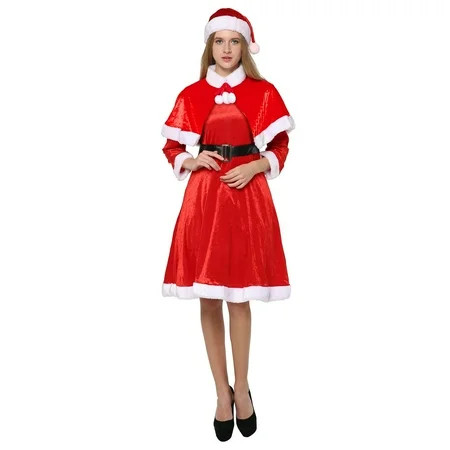 XFHLMJFF Womens Christmas Dress Santa Masquerade Red Solid Color Long Sleeve Dress With Cape Belt Hat 4Pcs | Walmart (US)