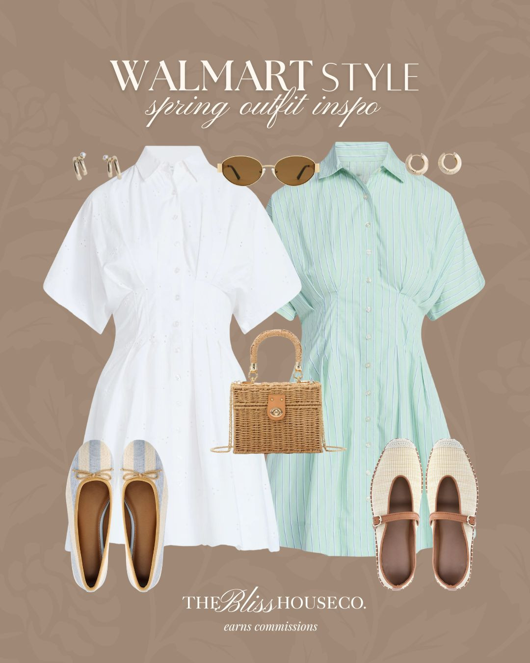 Affordable Walmart spring outfit inspo. 🤍 White shirt dress, green striped dress, woven handbag, espadrille flats, mary jane flats, gold hoops, brown sunglasses, easy everyday style, Walmart spring outfits, fashion finds, woven handbag outfit, espadrille flats outfit, budget friendly fashion, everyday spring style. 

 #LTKootd #LTKSeasonal