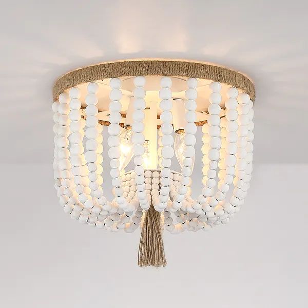 3-Light Bohemia Antique White Wood Beaded Flush Mount Ceiling Light with Brown Rope Tassel - 12.6... | Bed Bath & Beyond