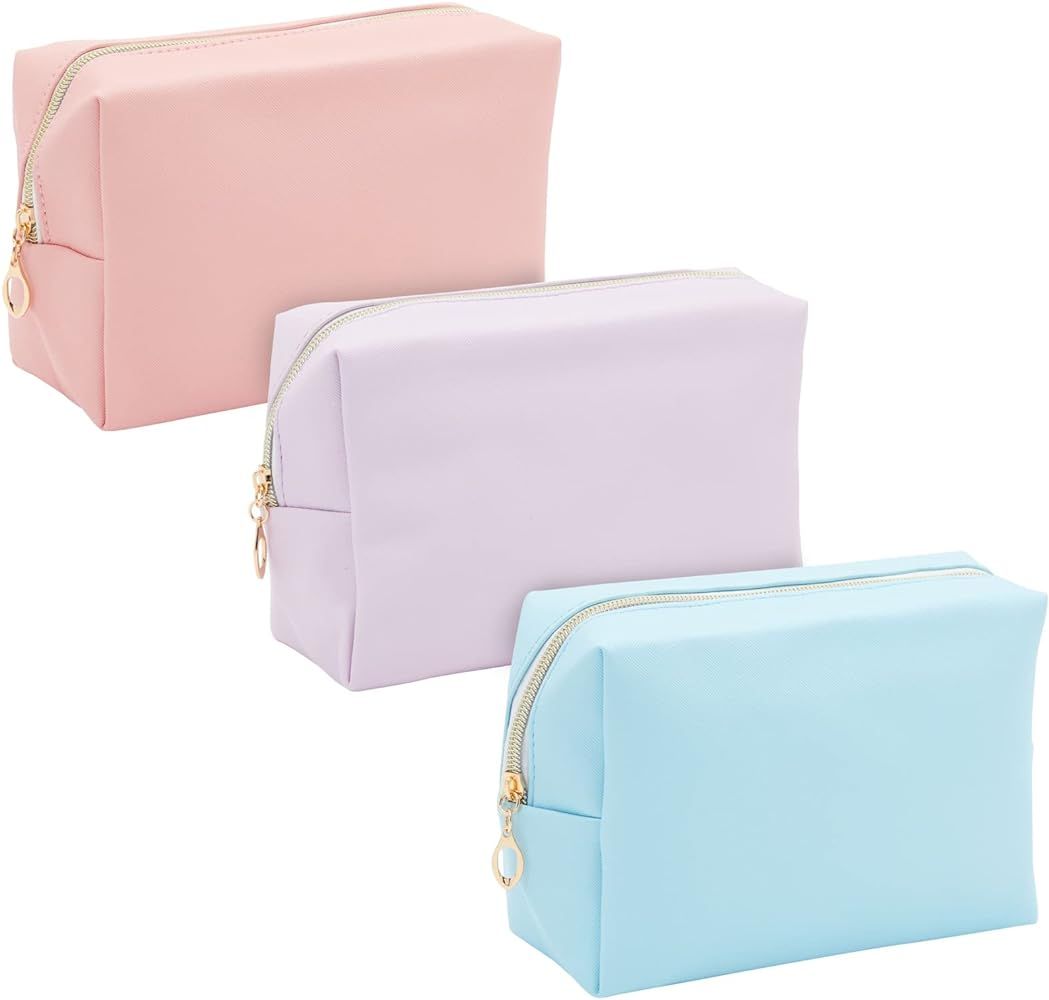 3 Pack Faux Leather Makeup Bag with Zipper, Travel Cosmetic Pouches (3 Pastel Colors) | Amazon (US)