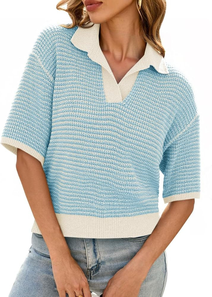 Cicy Bell Womens Striped Cropped Sweaters Tops Color Block Short Sleeve Knit V Neck Fall Casual P... | Amazon (US)