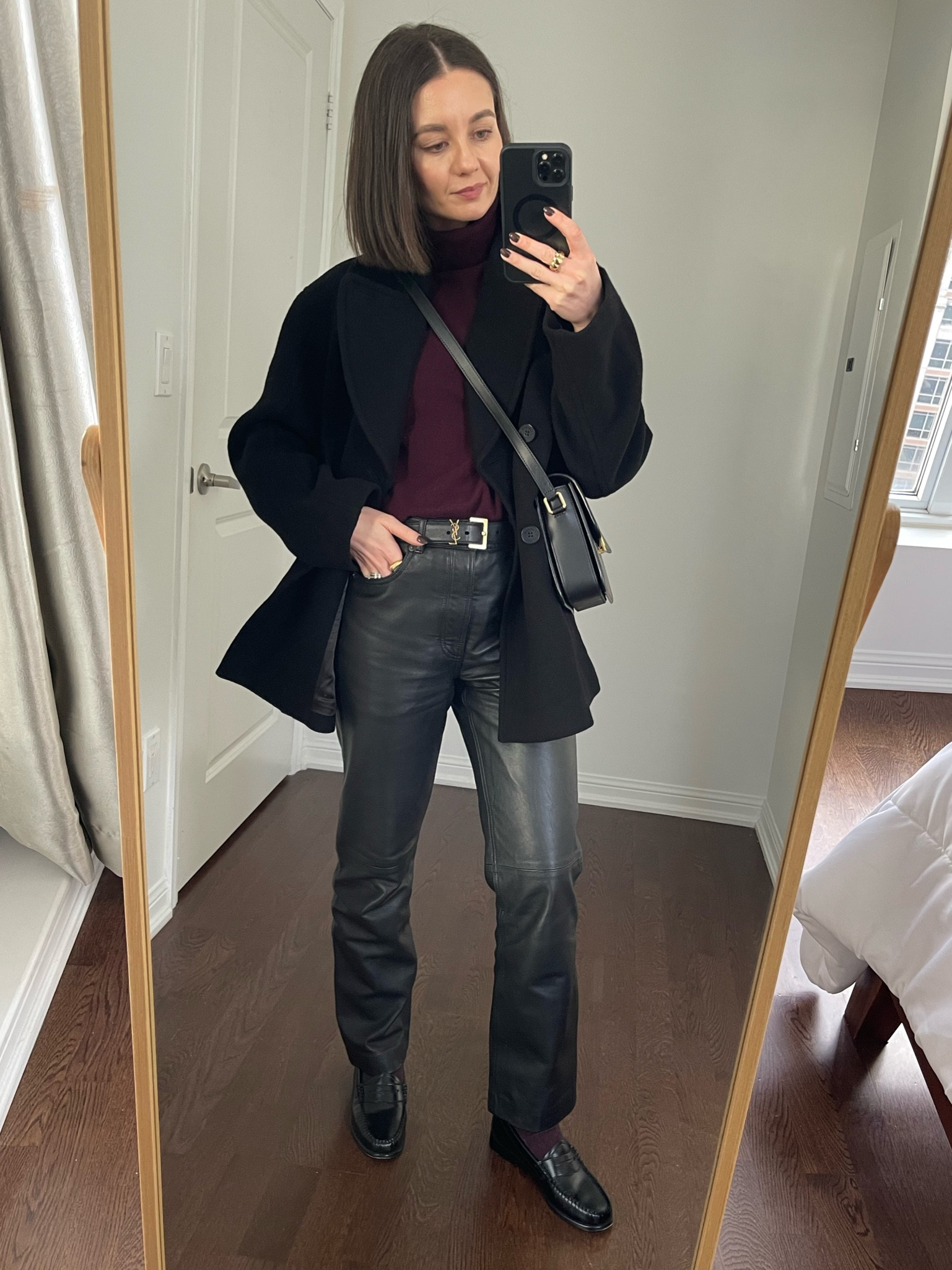 Burgundy knit, black loafers, leather trousers, black pea coat, black coat

#LTKStyleTip #LTKHoliday #LTKSeasonal