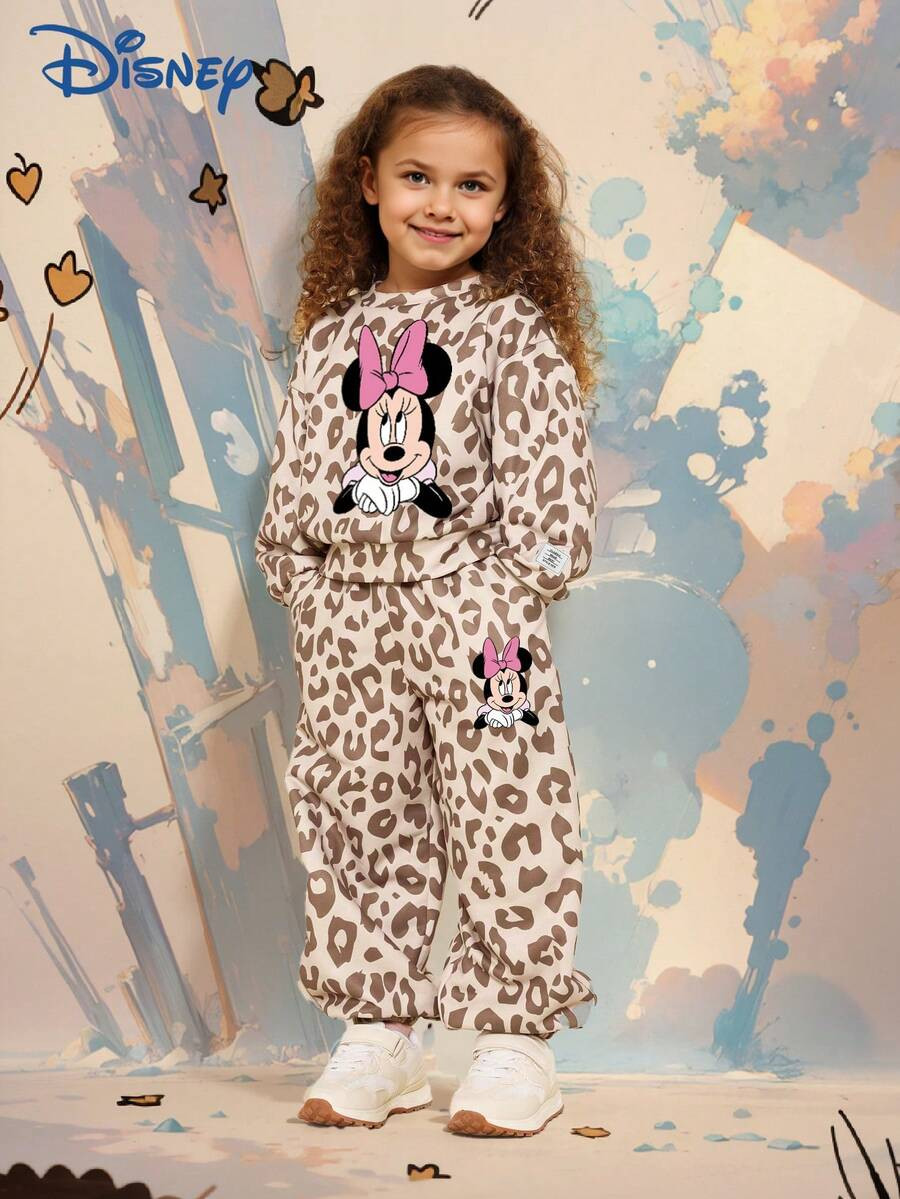 Disney Minnie Mouse 2Pcs Girls Spring/Autumn Casual Long Pants Set, Young Girls Leopard Print Cute "Minnie" Graphic Long Sleeve Crew Neck Top With Elastic Waist Matching Print Straight Leg Pants, Versatile Daily Outdoor Skin-Friendly Soft Children's Clothing Fashion Energetic | SHEIN