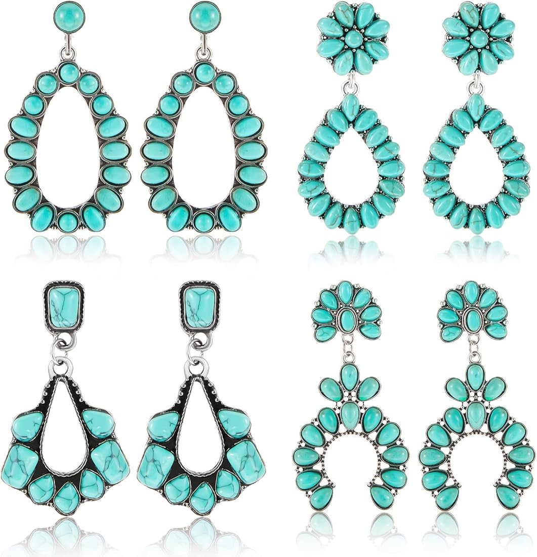 Turquoise Oval Earring 4 Pairs Turquoise Bohemian Dangle Metal Earrings Western Earrings for Wome... | Amazon (US)