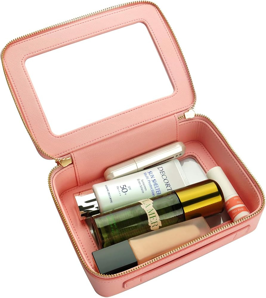 Clear Makeup Bag Pink Leather Cosmetic Bag with Dual Round Zipper, Transparent Pink Cosmetic Bag ... | Amazon (US)