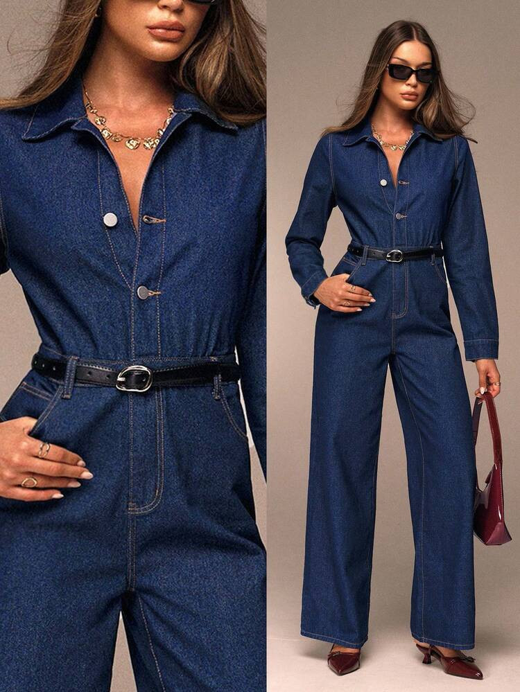 Avantive Navy Blue,Autumn,Casual,Everyday Women's Long Sleeve Denim Jumpsuit,Blue Washed Wide Leg Baggy Cowgirl Romper,Elegant Western Chic Streetwear Outfits | SHEIN