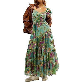 Women Floral Maxi Dress Short Puff Sleeve V Neck Bohemian Flowy Dress Smocked Casual Spring Summe... | Amazon (US)
