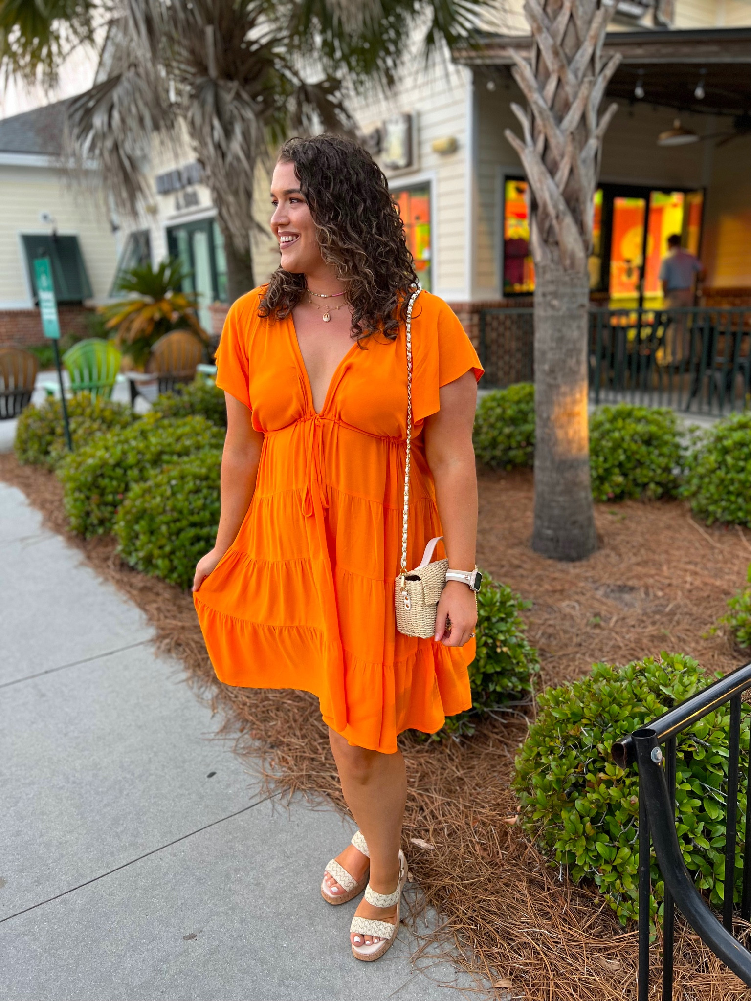 Vacation dinner outfit 🍊☀️✨ 
Size: XL 
#midsizeoutfits #vacationoutfits #resortwear #ootd #dress #minidress #hiltonhead #tropical #wedges #strawbag #affordablefashion #amazonfashion #datenightoutfit

#LTKtravel #LTKcurves #LTKstyletip