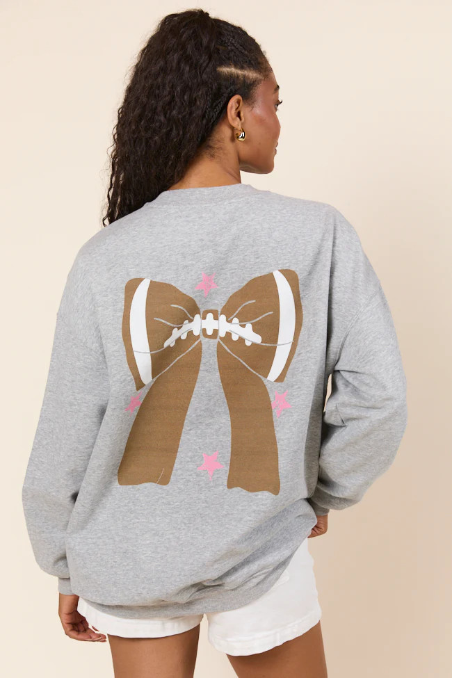 Football Bow Light Grey Graphic Sweatshirt | Pink Lily