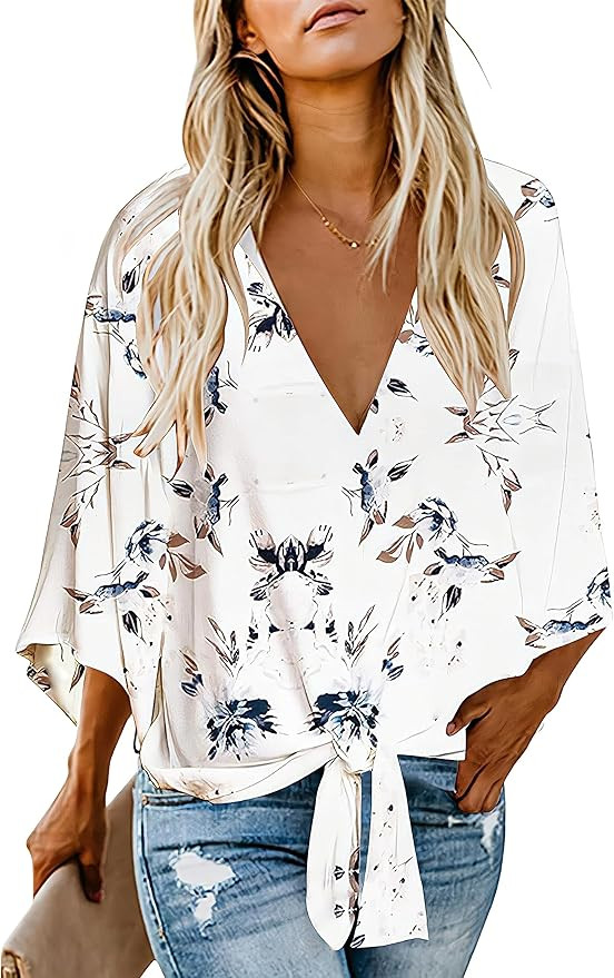 Women's Casual Floral Blouse Batwing Sleeve Loose Fitting Shirts Boho Knot Front Tops | Amazon (US)